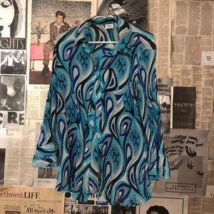 blue 70s psychedelic ruffled button down shirt